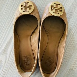 Tory Burch clay beige tan brown Quinn ballet flats with logo gold brooch